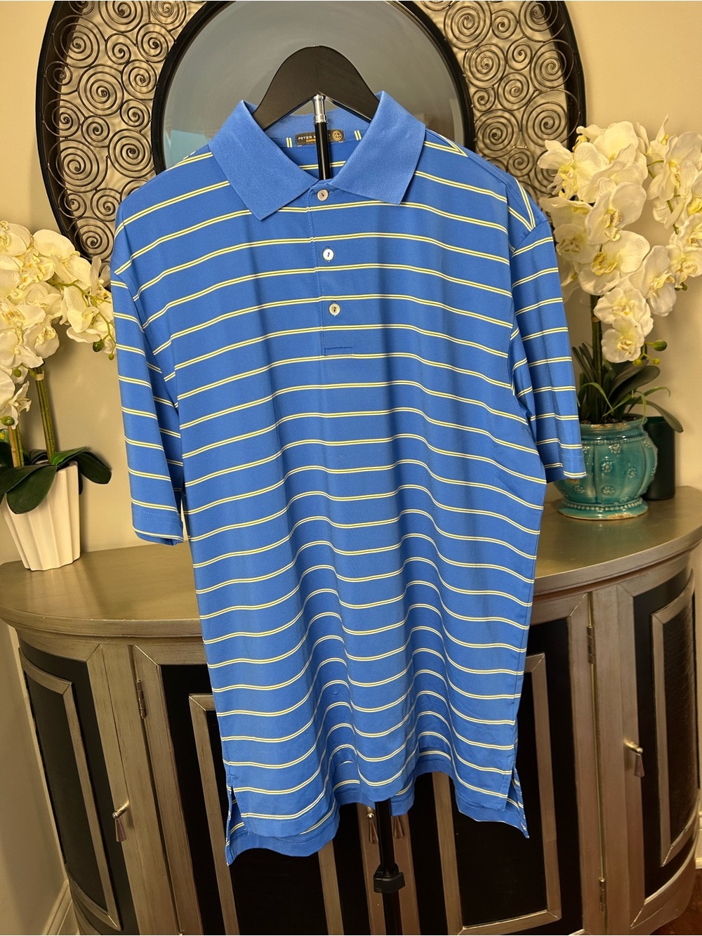 Peter Millar Blue Polo with Yellow Stripes